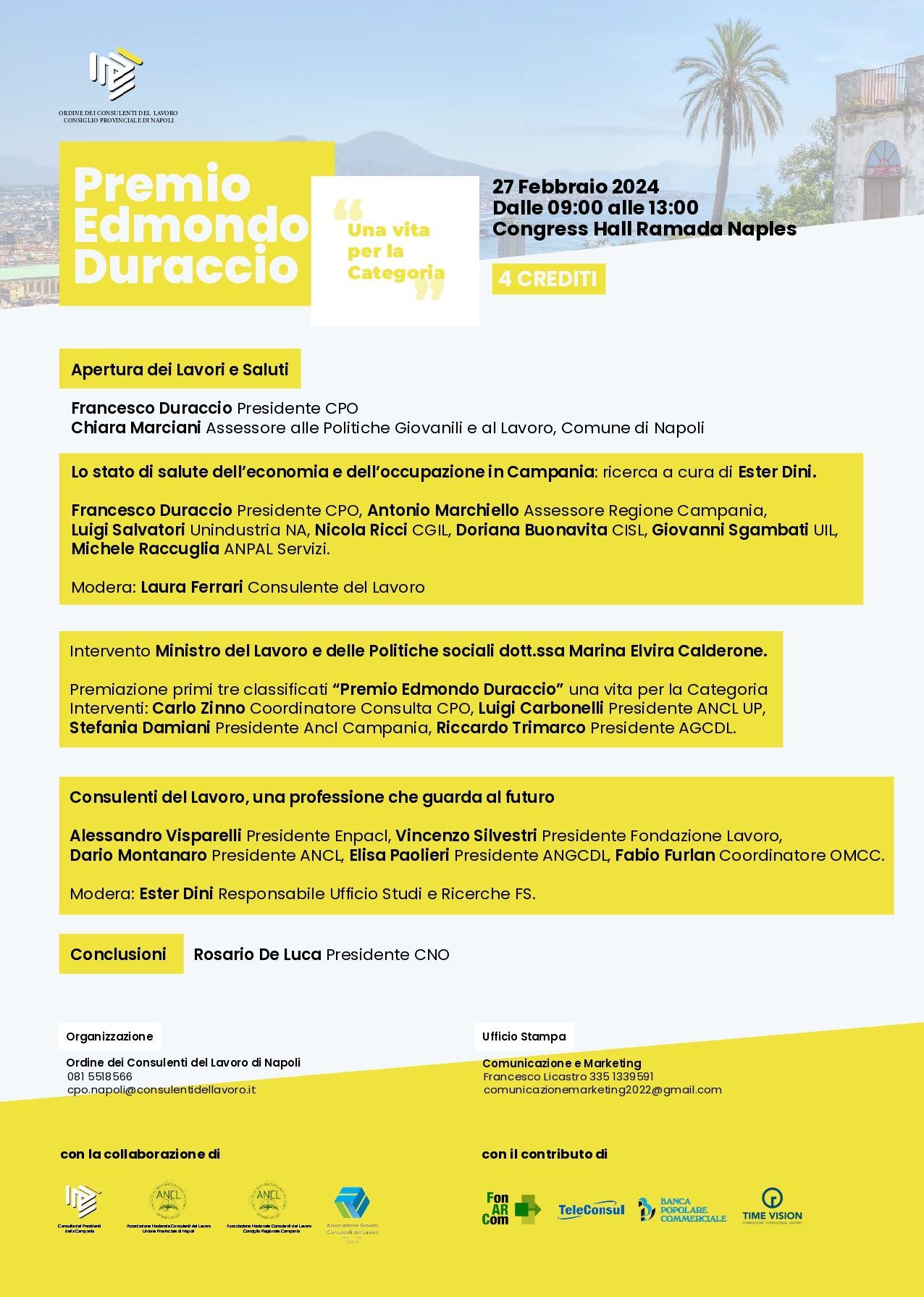 Un poster giallo e bianco con una palma sullo sfondo.