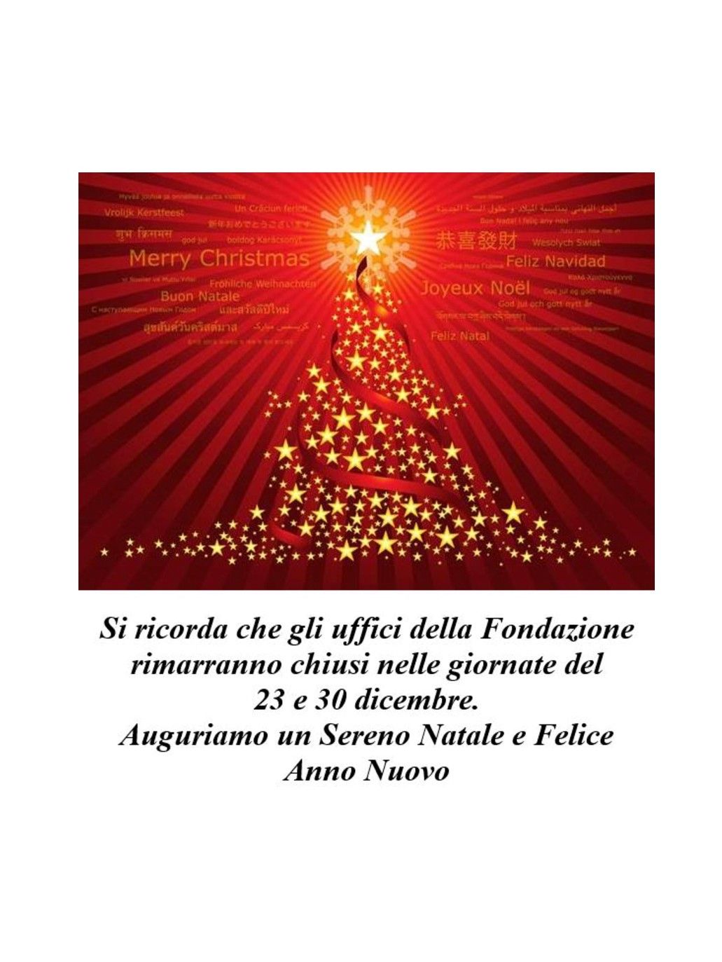 Un biglietto di Natale rosso con un albero di Natale fatto di stelle