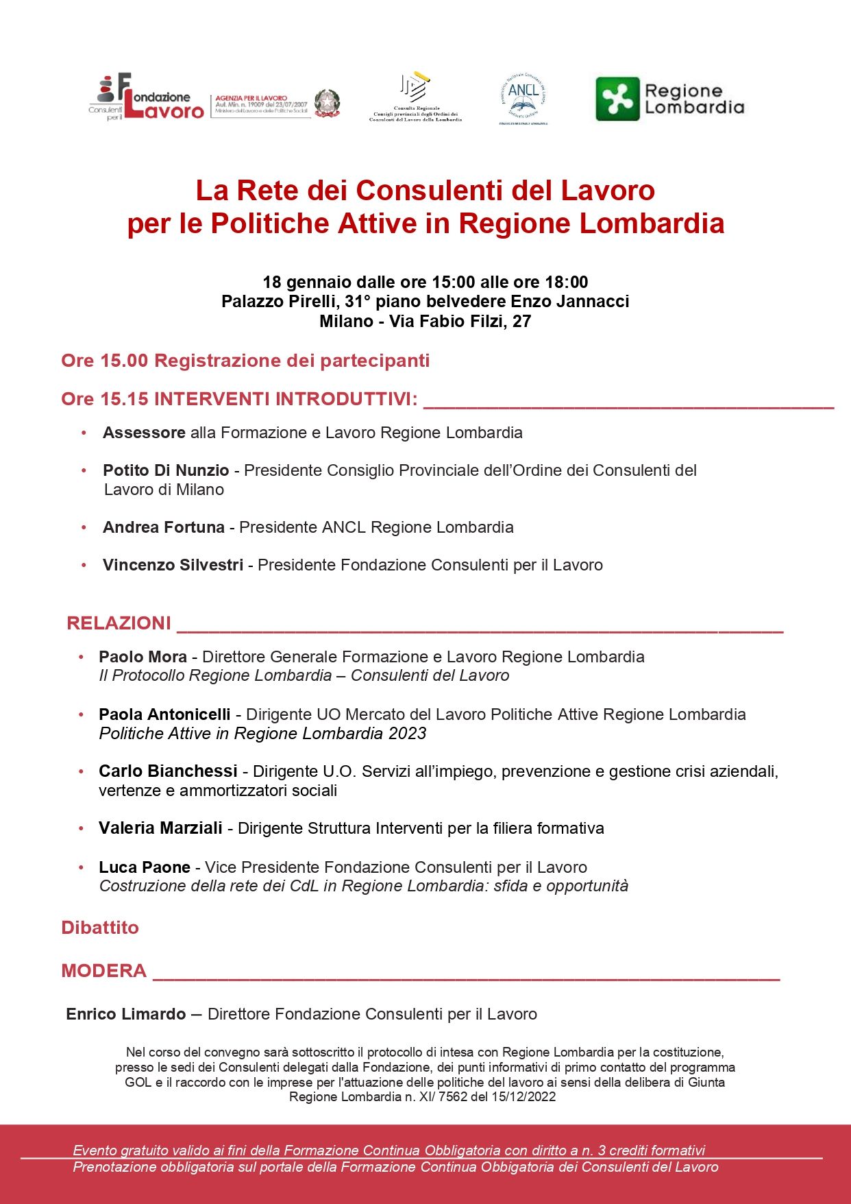 A flyer for a conference called la rete dei consulenti del lavoro per le politiche attive in regione lombardia.