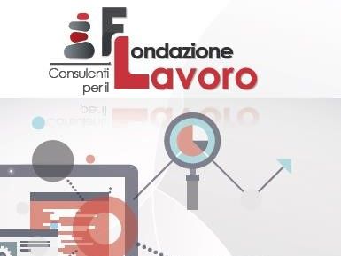 Un logo per la Fondazione Lavoro con un computer portatile e una lente di ingrandimento