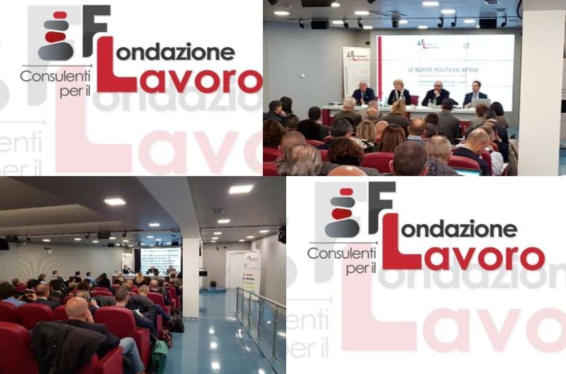 Un gruppo di persone è seduto in una stanza con la scritta Fondazione Lavoro sul muro