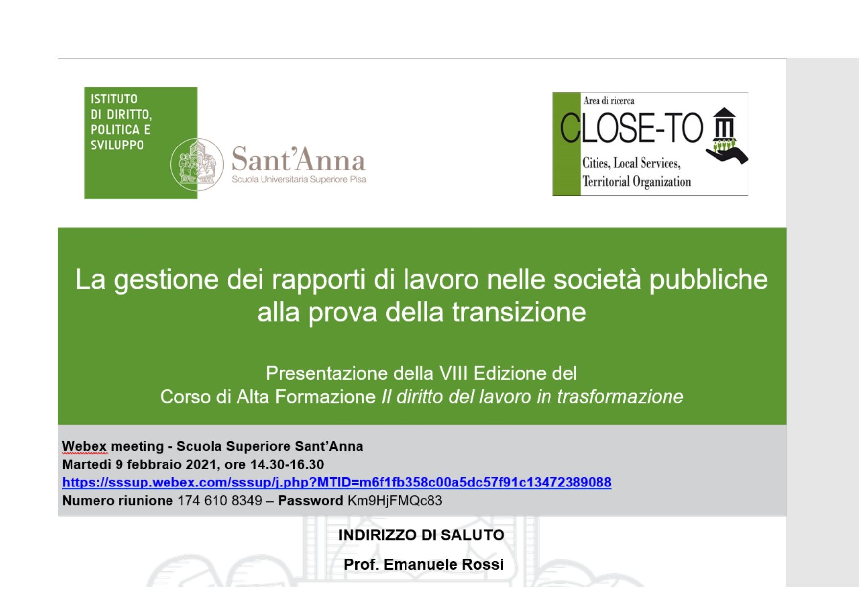 A green and white poster that says la gestione dei rapporti di lavoro nelle società pubbliche alla prova della transizione