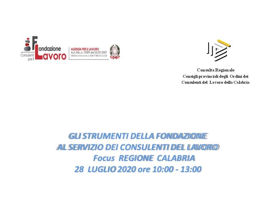 A poster for a conference called gli strumenti della fondazione al servizio dei consulenti del lavoro focus regione calabria