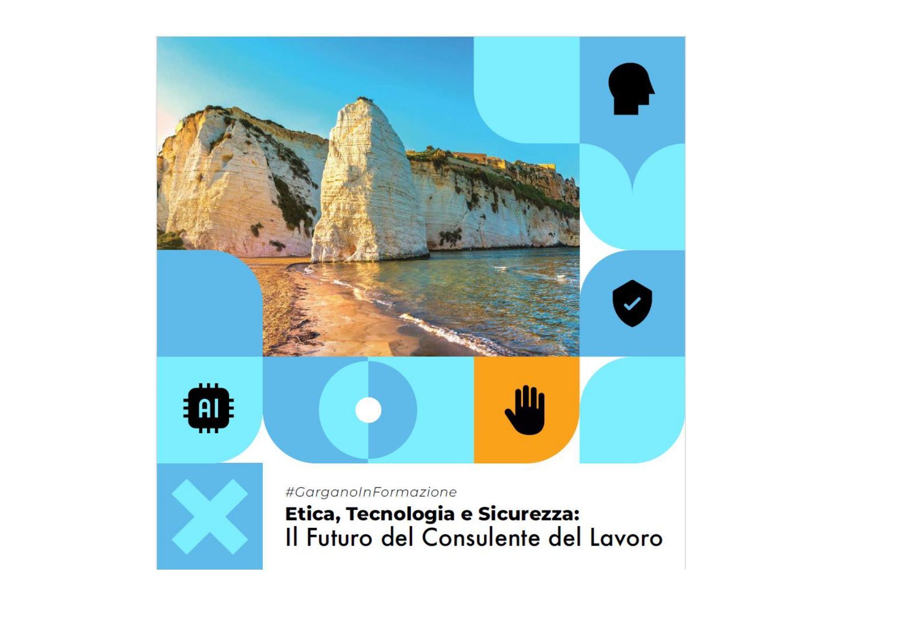 Un poster con l'immagine di una montagna e la scritta etica tecnologia e sicurezza