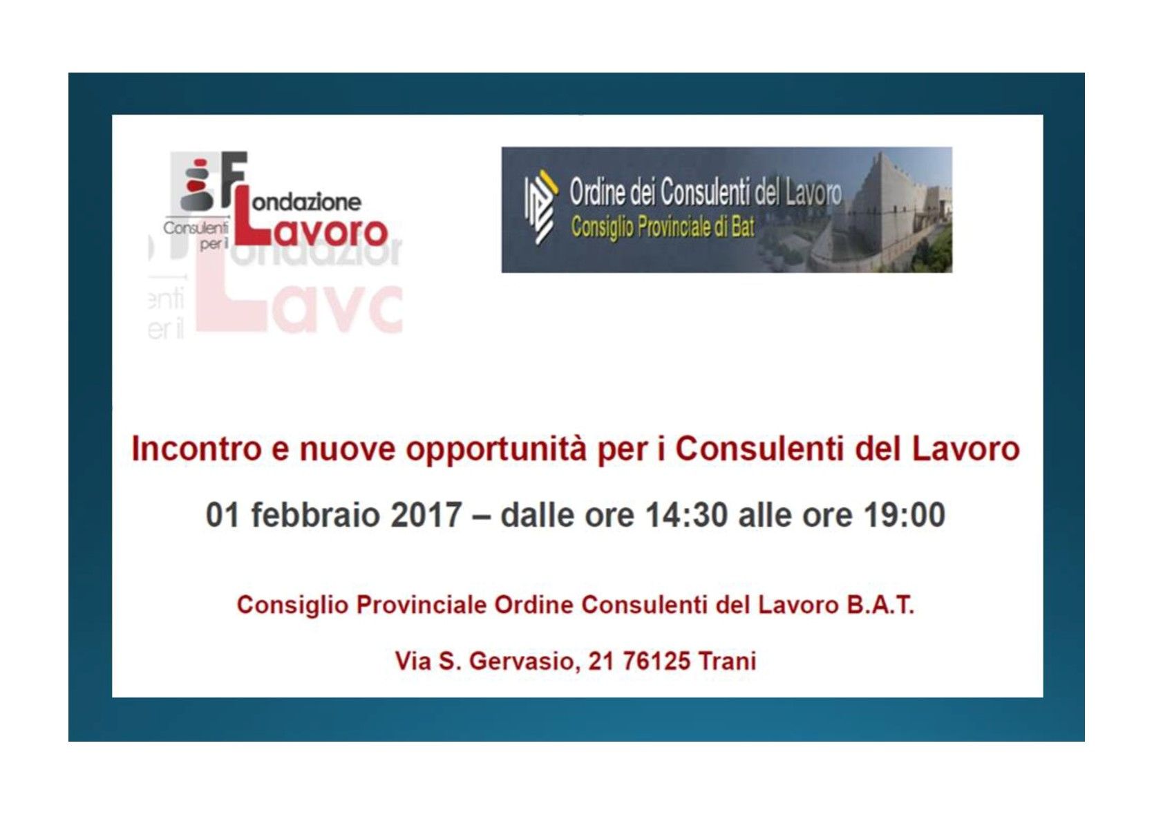 A flyer for an event called incontro e nuove opportunita per i consulenti del lavoro