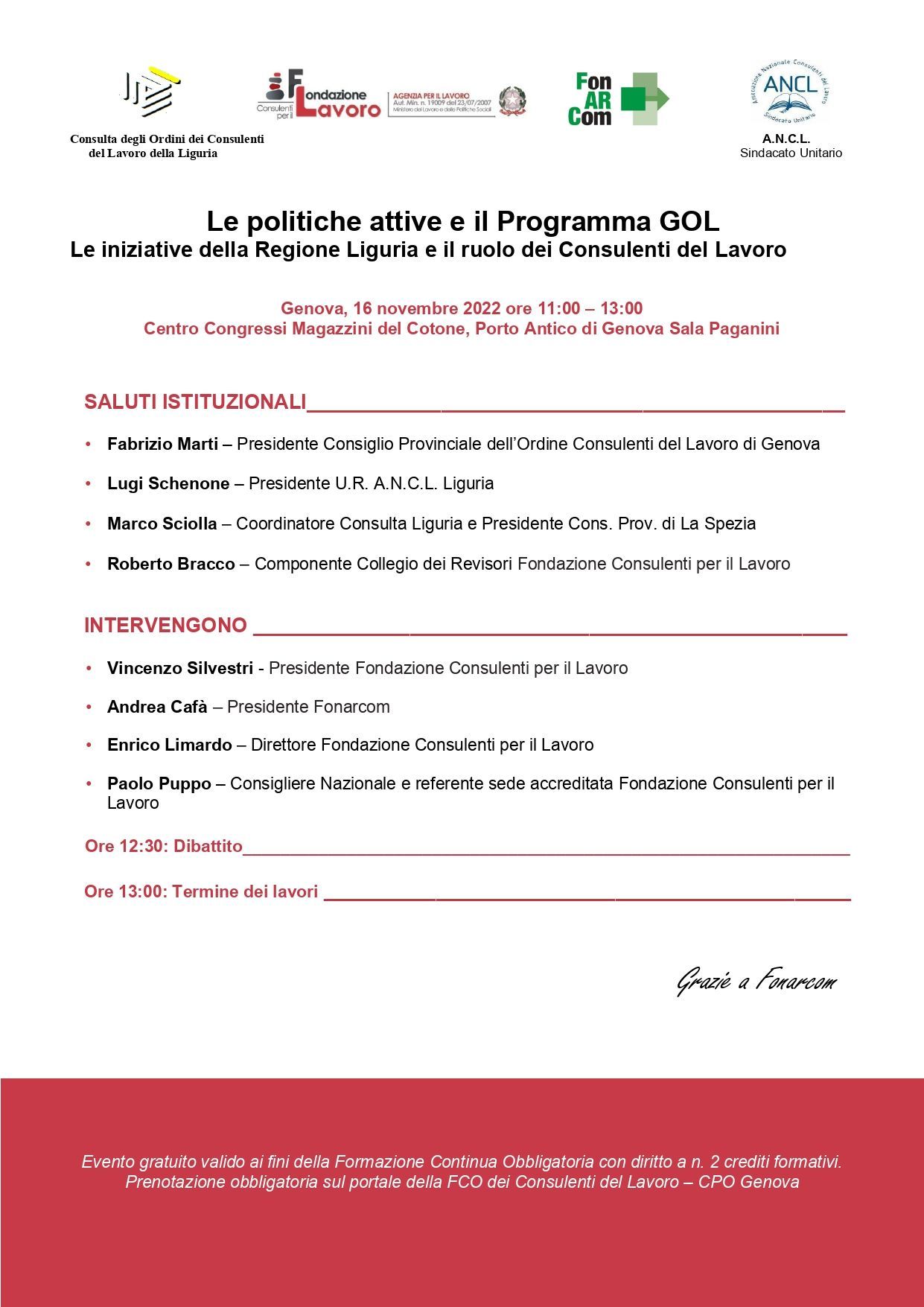 Un manifesto rosso e bianco con molto testo.