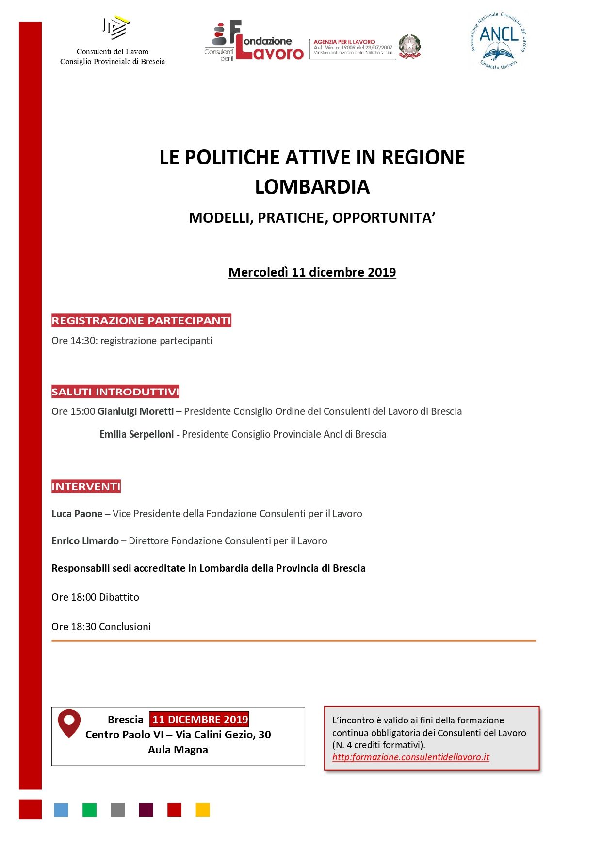 A red and white flyer for le politiche attive in regione lombardia.
