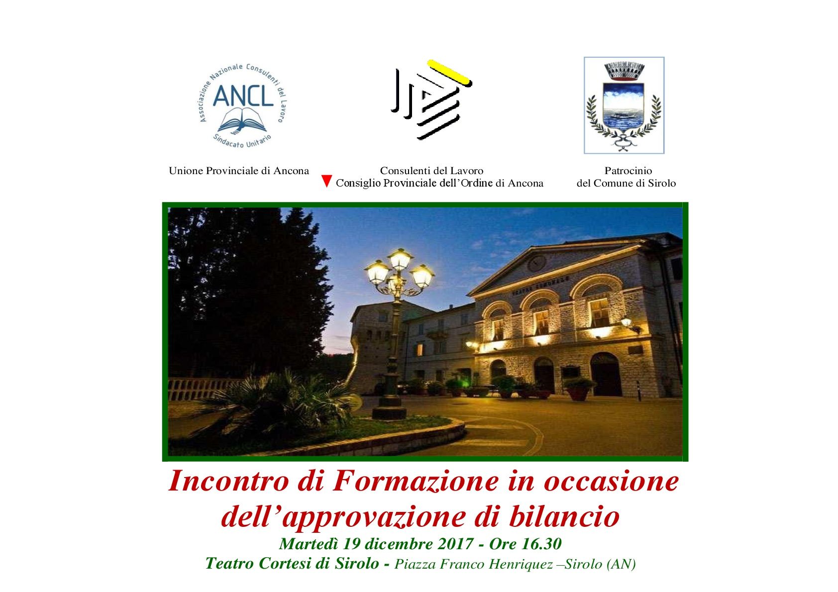 A poster for an event called incontro di formazione in occasione dell ' approvazione di bilancio