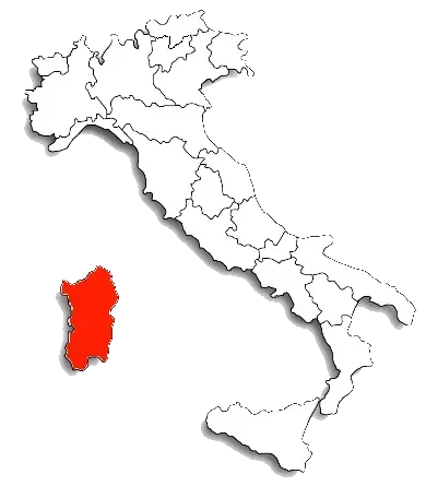 Una mappa dell'Italia con l'isola della Sardegna evidenziata in rosso