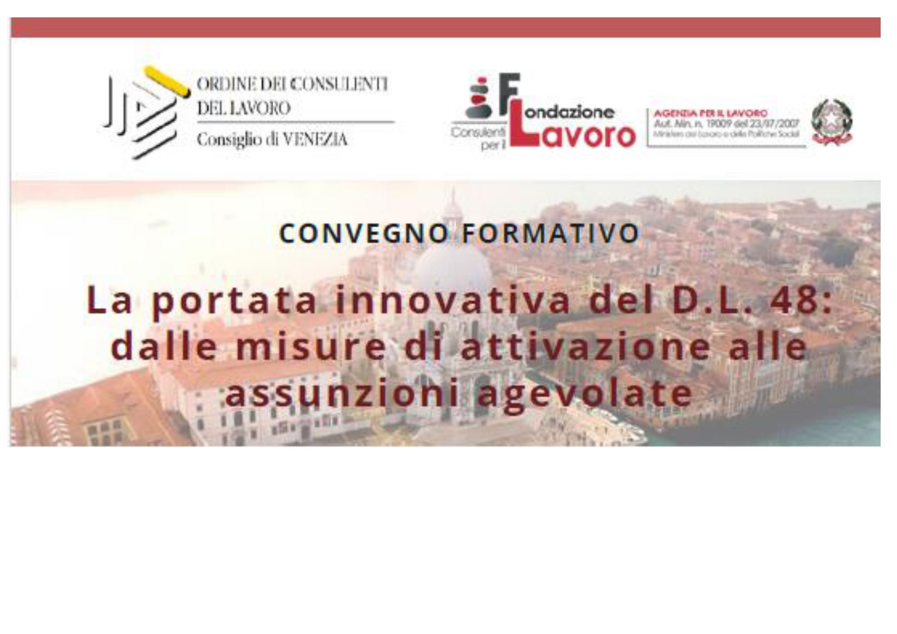 A poster for convegno formativo la portata innovativa del d.l. 48