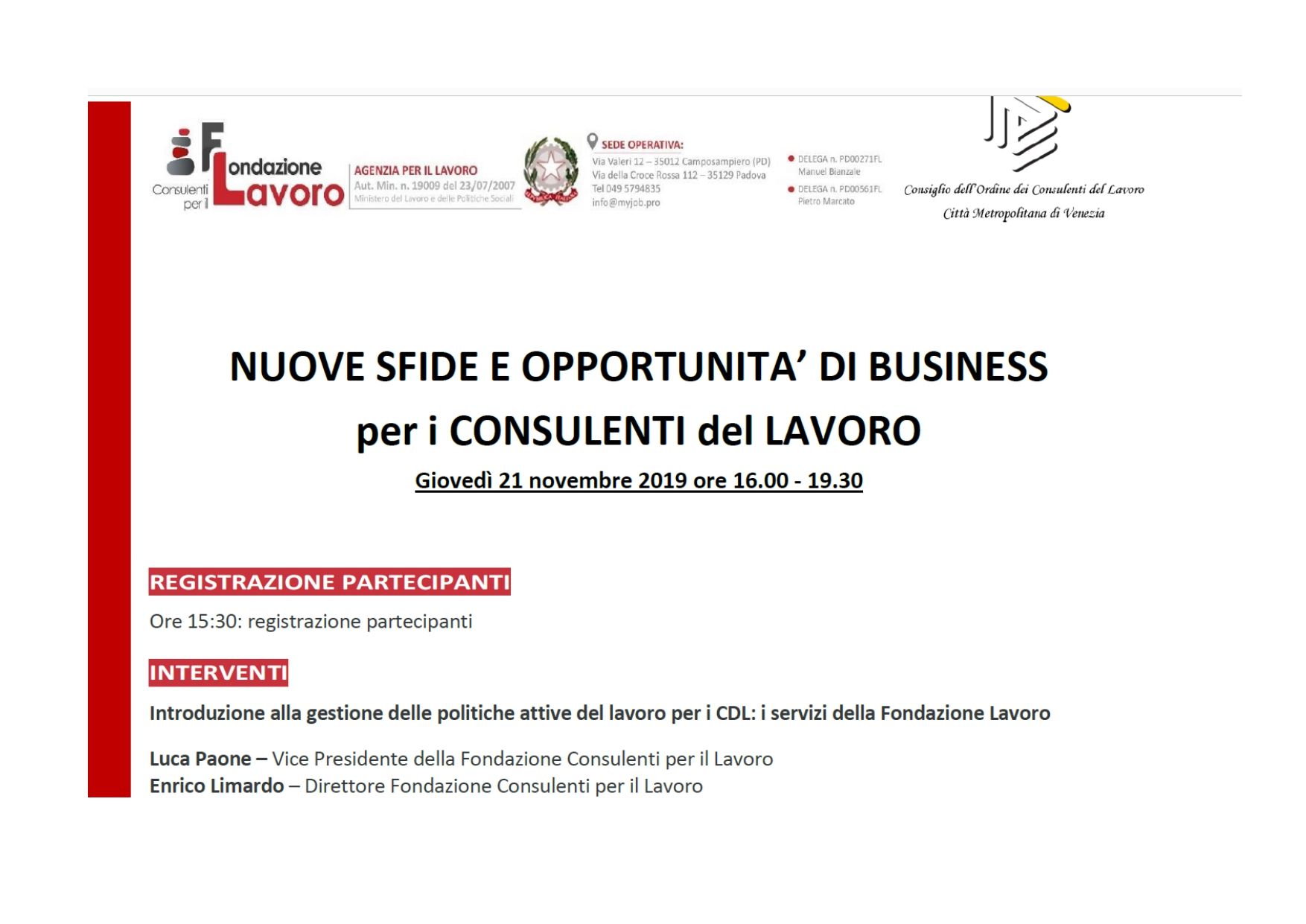 A poster for nuove sfide e opportunita ' di business per i consulenti del lavoro