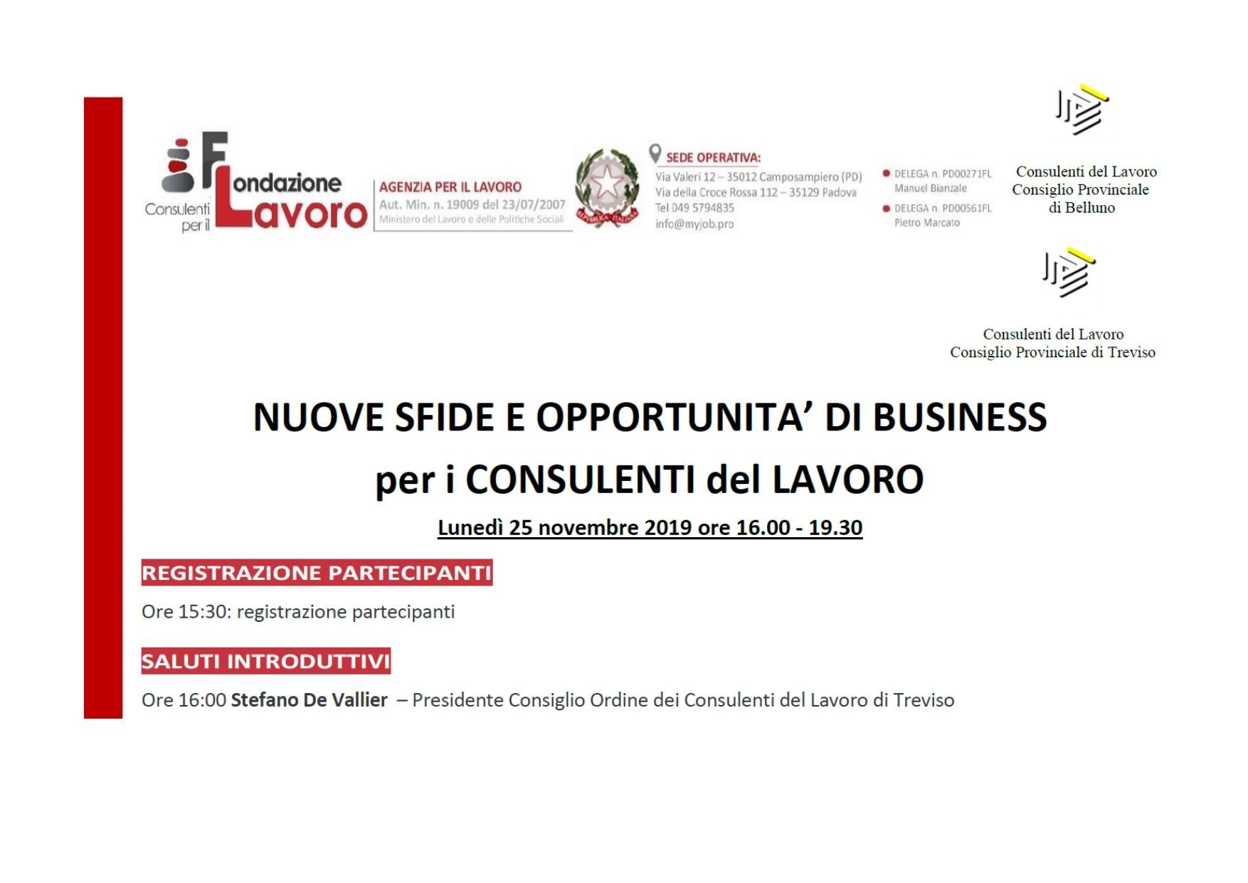 A poster for nuove sfide e opportunita ' di business per i consulenti del lavoro