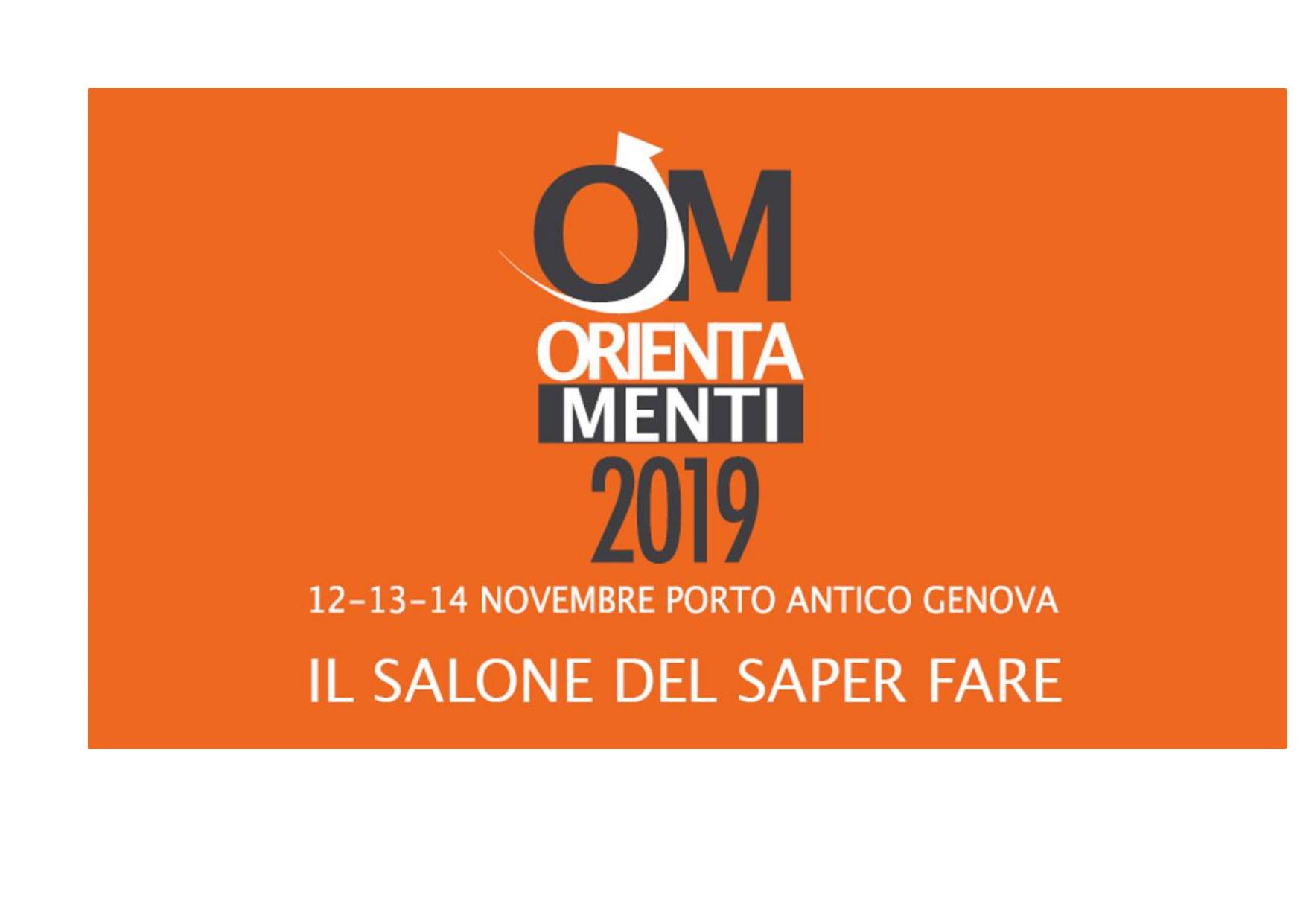 Un cartello arancione con la scritta om orienta menti 2019