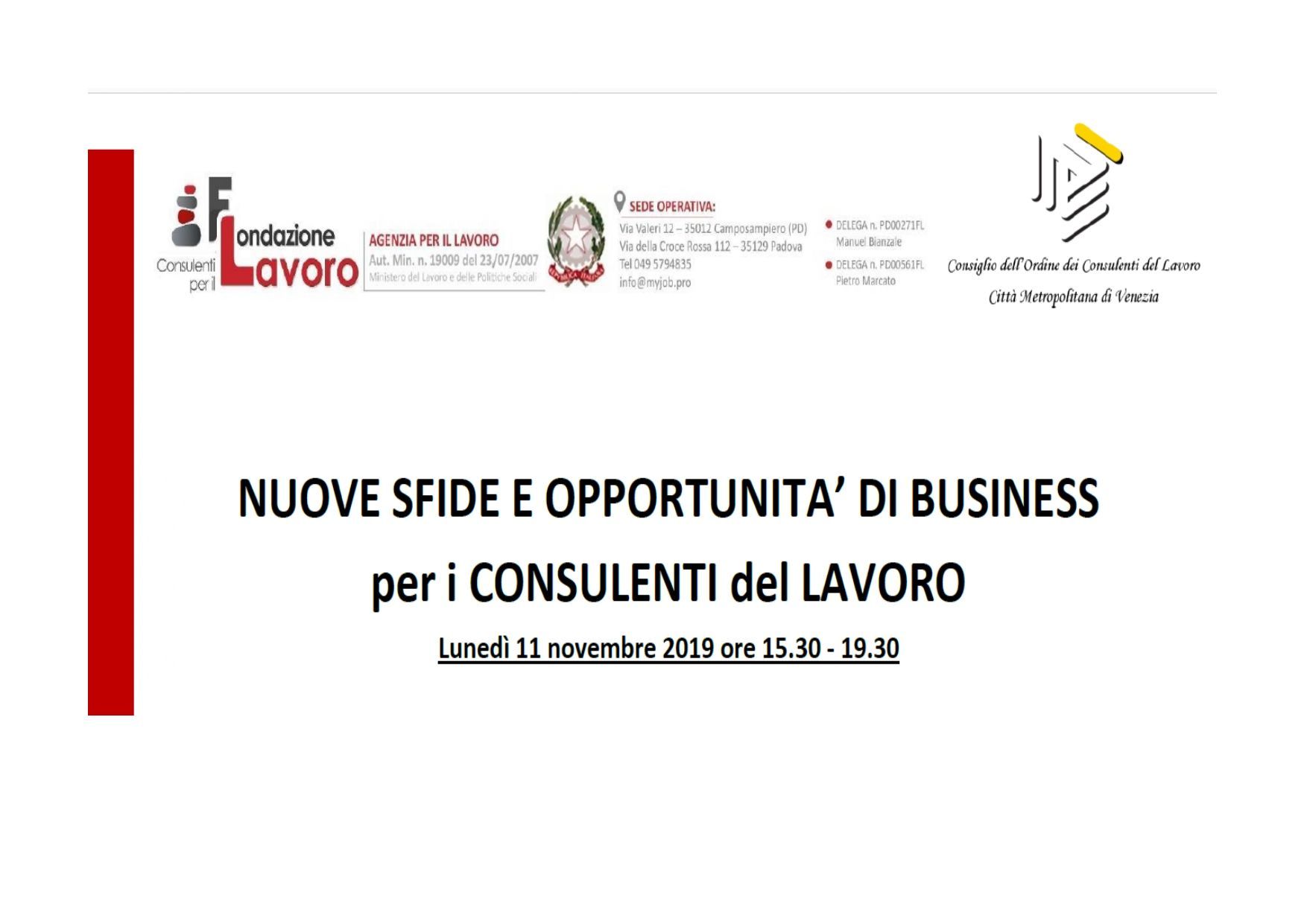 A poster for nuove sfide e opportunita ' di business per i consulenti del lavoro