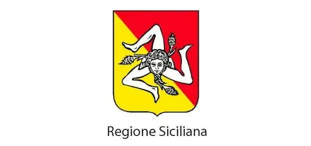 Uno stemma rosso, giallo e bianco con la scritta regione siciliana sotto.