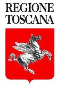 Uno stemma della regione toscana con un cavallo alato su sfondo rosso.