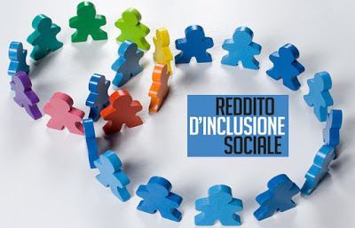 Un cerchio di figure di legno colorate con un cartello che dice reddito d'inclusione sociale