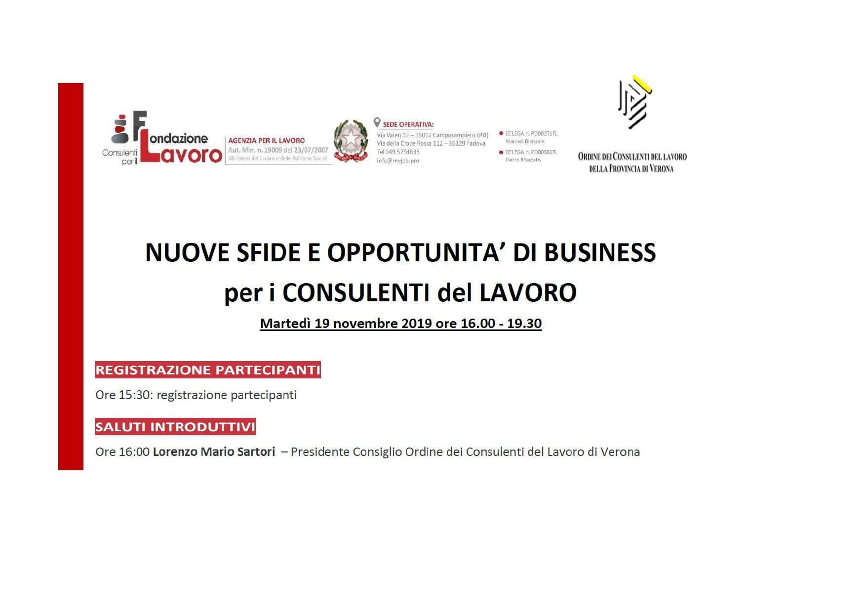 A poster for nuove sfide e opportunita ' di business per i consulenti del lavoro