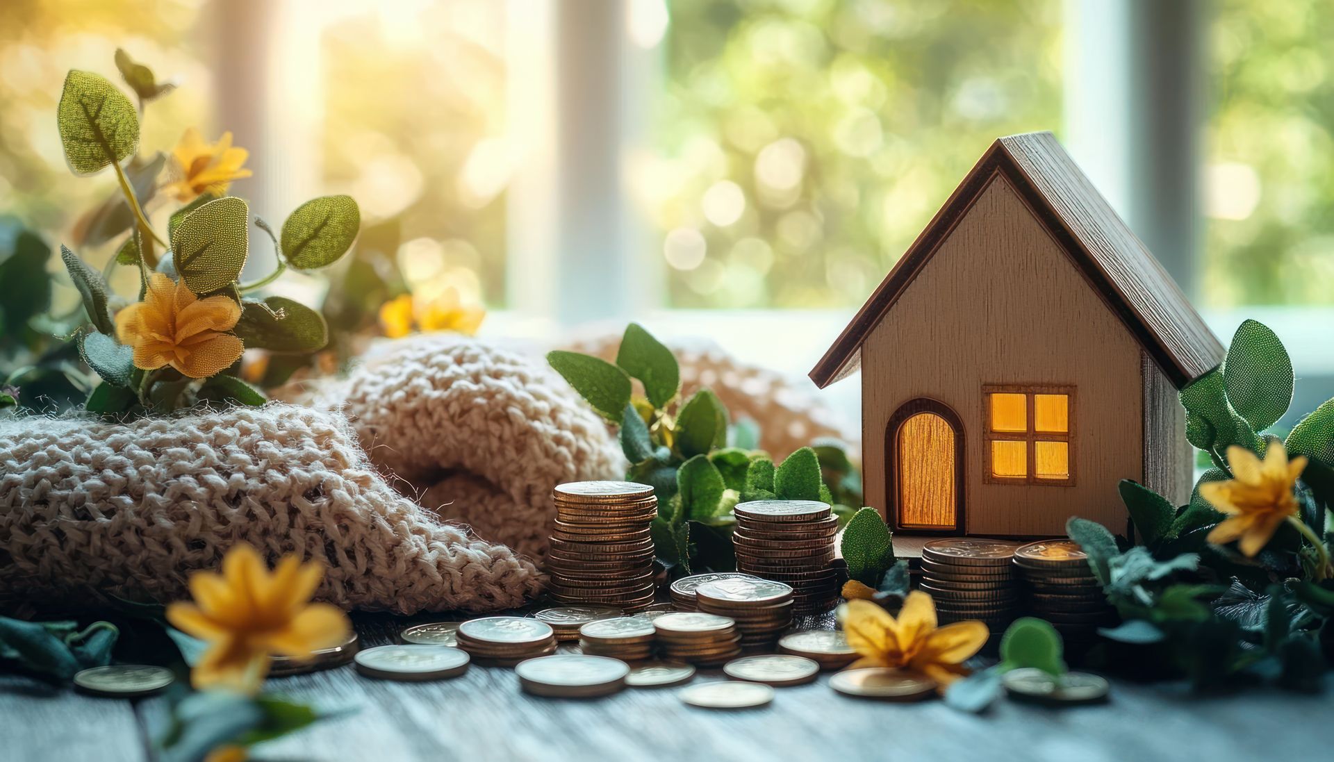 Une petite maquette de maison en bois côtoie des piles de pièces de monnaie, une couverture tricotée et des fleurs jaunes.