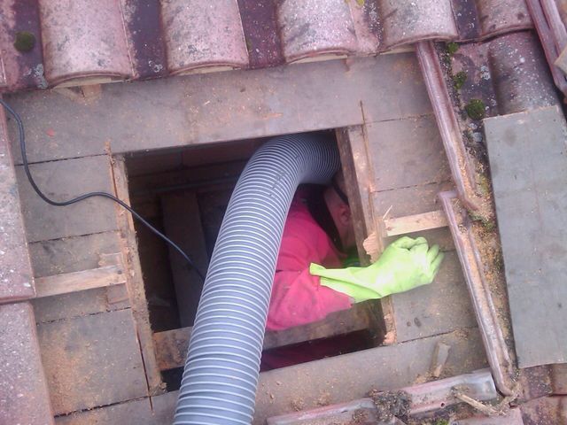 Une personne travaille à l'intérieur d'une ouverture dans le toit, pour l'isolation des combles.