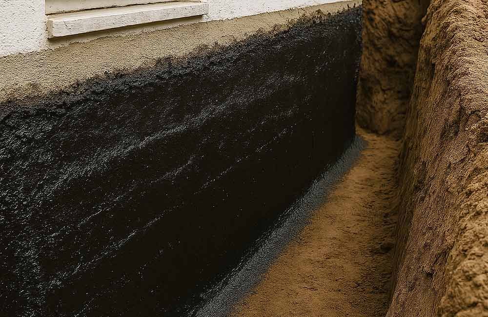 Das Fundament eines Hauses wird mit schwarzer Farbe wasserdicht gemacht.
