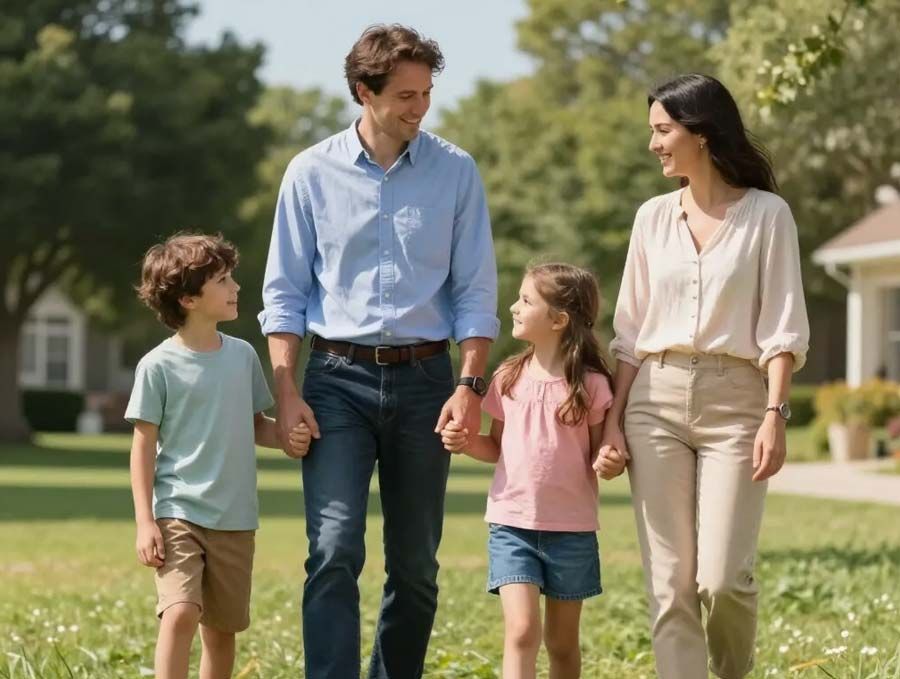 Una familia de cuatro personas camina junta por una soleada acera suburbana, cogida de la mano y charlando.