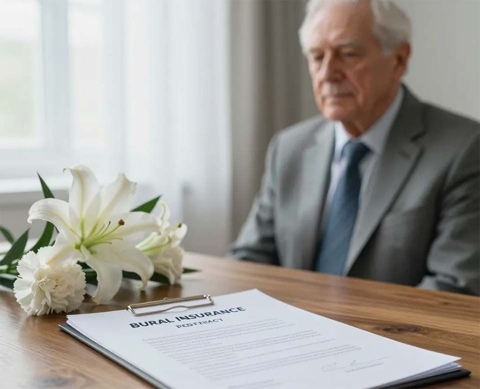 Lirios blancos y un programa funerario sobre una mesa, con un anciano sentado, borroso al fondo.