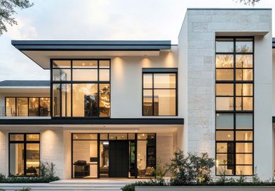 Moderna casa blanca de dos plantas con grandes ventanales que van del suelo al techo y techo plano al anochecer.