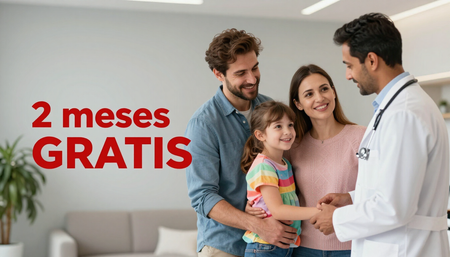 Familia hablando con un médico en una clínica, con un texto rojo que dice “2 meses GRATIS” a la izquierda.