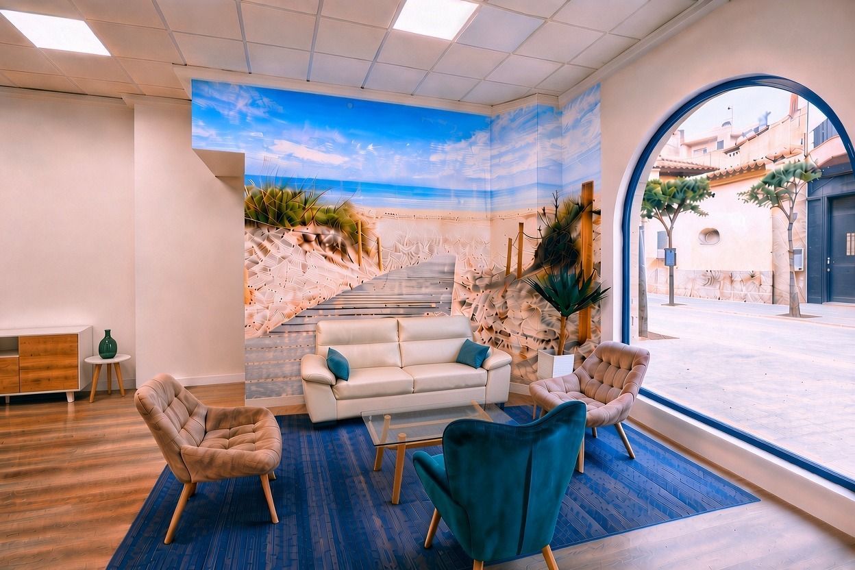 Luminoso salón con alfombra azul, sofá blanco y una gran pared mural que da a un patio soleado.