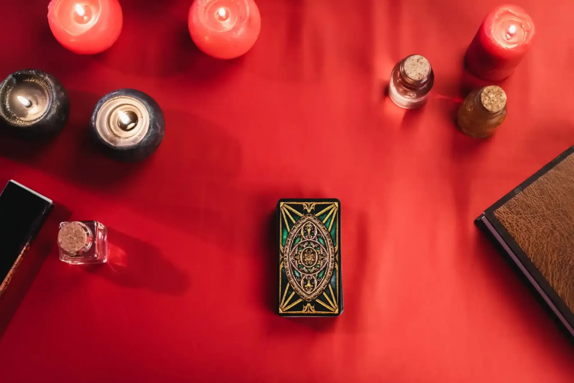Mesa roja con velas encendidas, cartas de tarot y un libro.