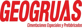A red and white logo for geogruas cementaciones especiales y prefabricados
