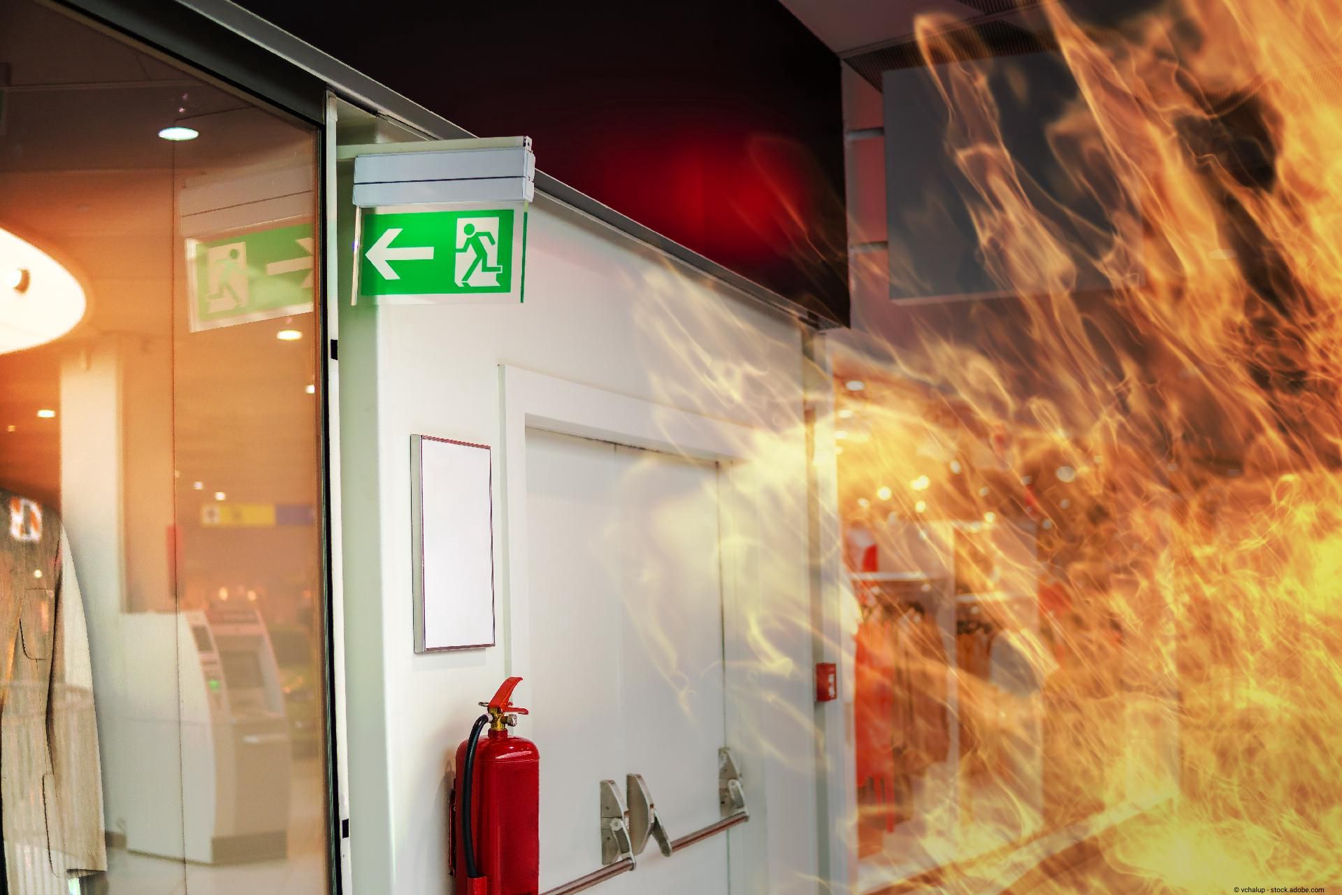Fluchtweg mit Notausgangsschild bei Brand und Rauchentwicklung im Gebäude