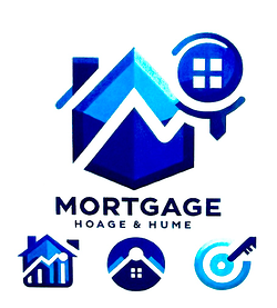 Logotipo de una compa&ntilde;&iacute;a hipotecaria: Casa azul con gr&aacute;fico, icono de ventana, llave y diana. Texto "Hipoteca, Hoage y Hume".