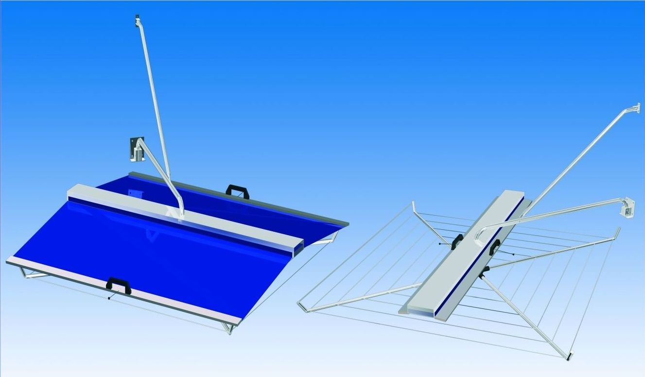 Un dibujo de un tendedero con un toldo azul.