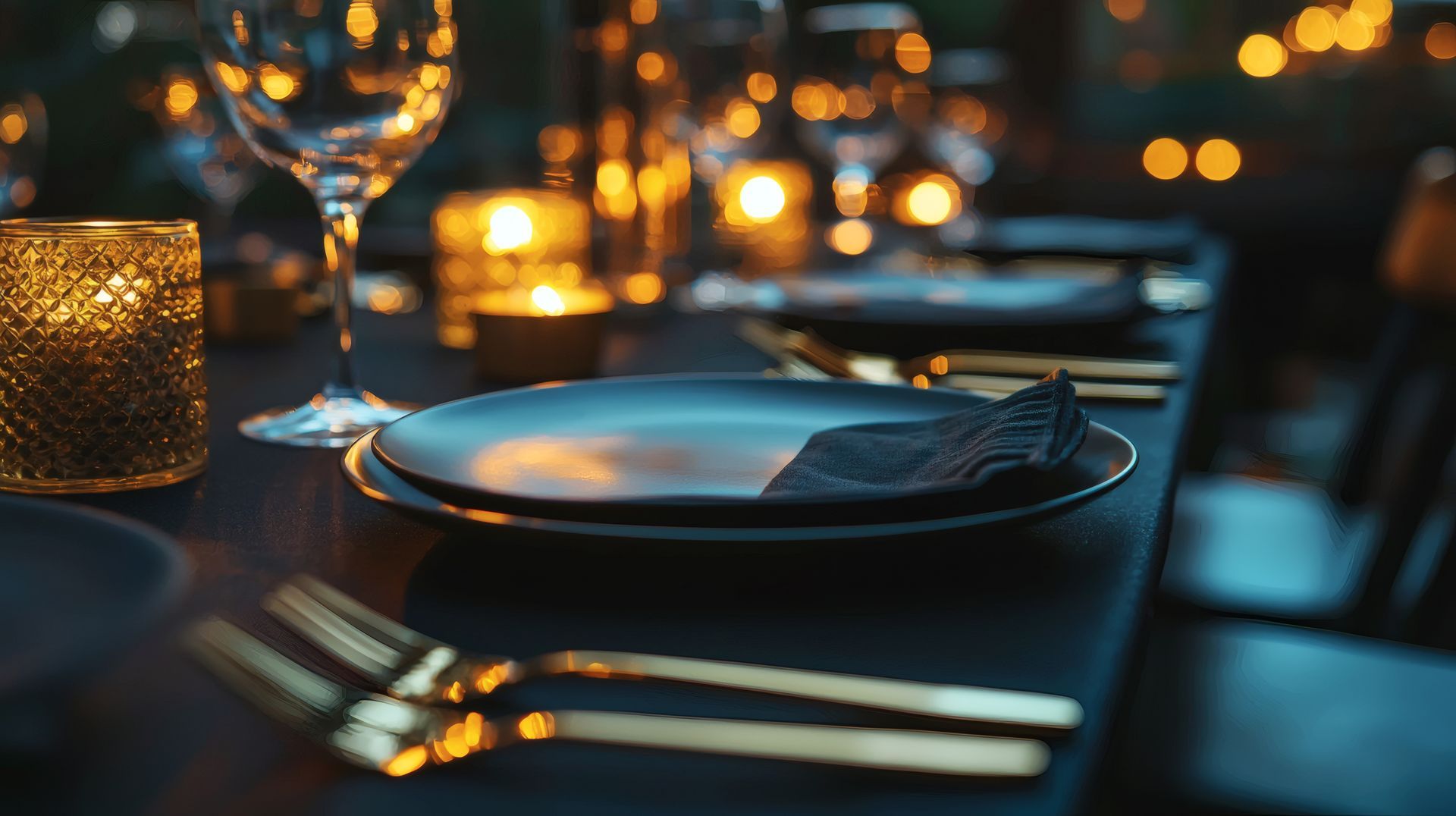Une assiette noire et des couverts