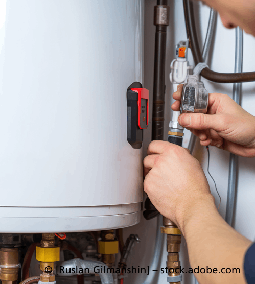 Ein Mann repariert einen Warmwasserbereiter mit einem Schraubenschlüssel. R & I Felber Service GmbH