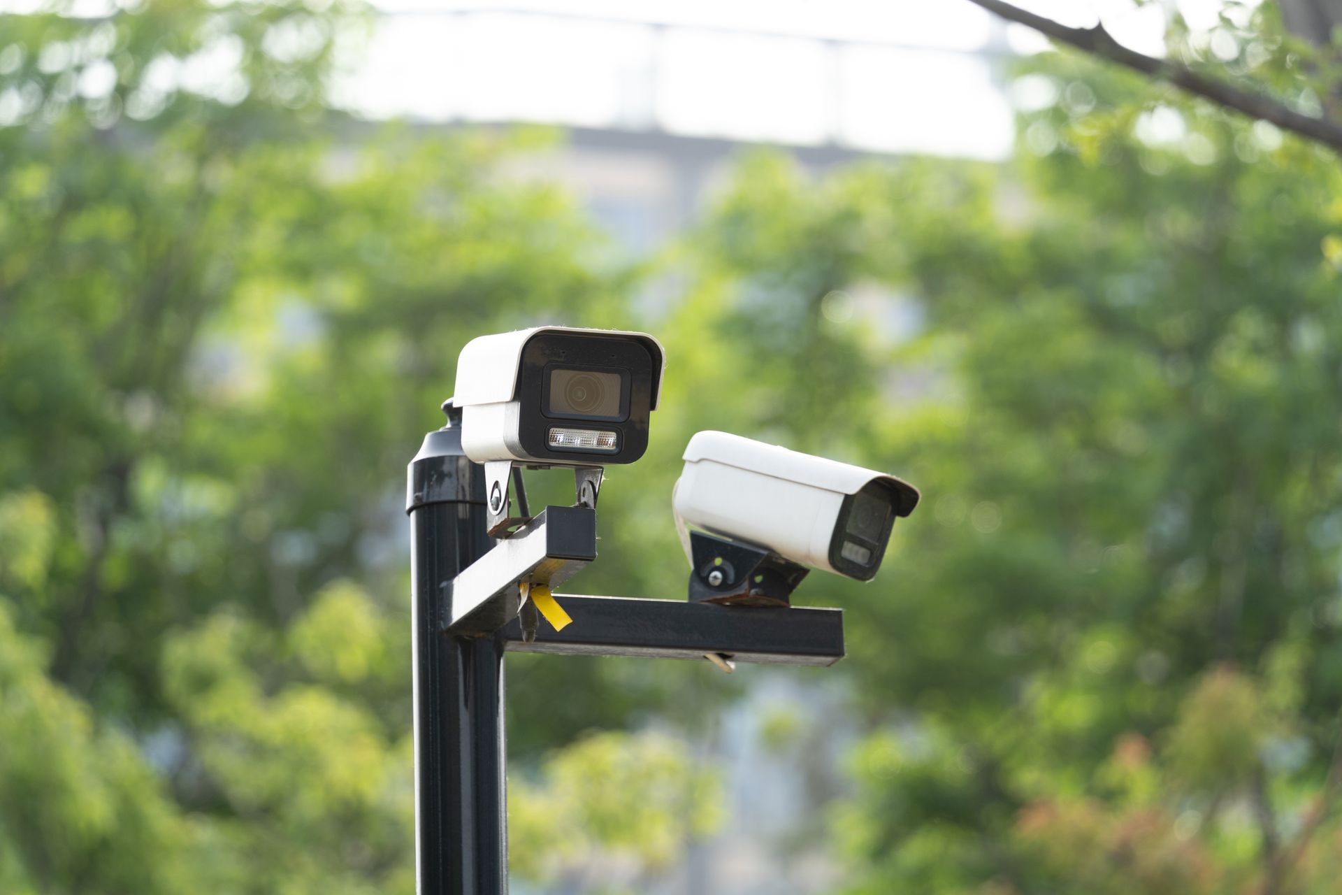 Deux caméras de surveillance fixées sur un poteau à l'extérieur, sur fond vert flou.