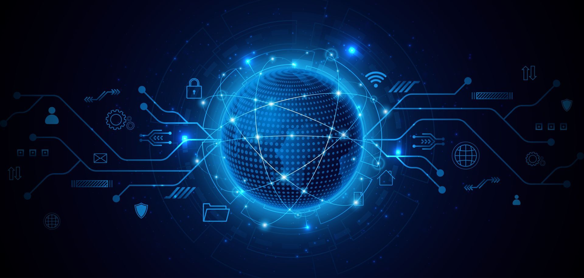 Globe numérique bleu lumineux avec des lignes de réseau et des icônes technologiques sur fond sombre