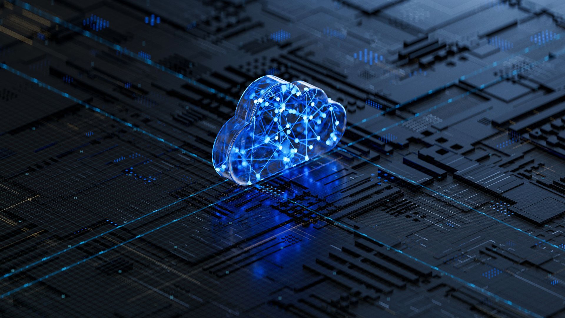 Un cerveau numérique bleu lumineux sur un circuit imprimé sombre, symbolisant l'intelligence artificielle