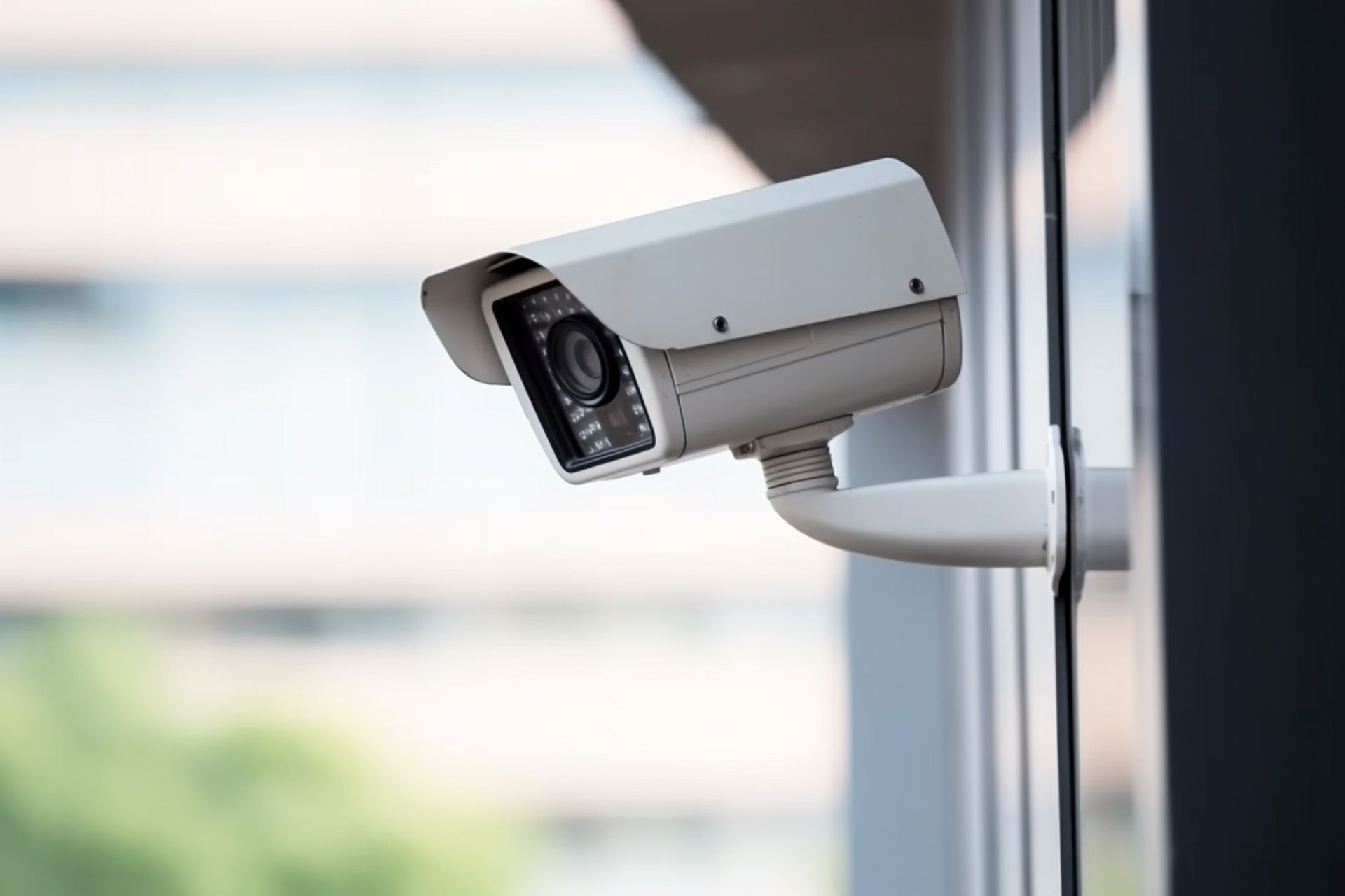Caméra de sécurité blanche fixée sur le mur d'un bâtiment, pointant vers l'extérieur à travers une fenêtre.