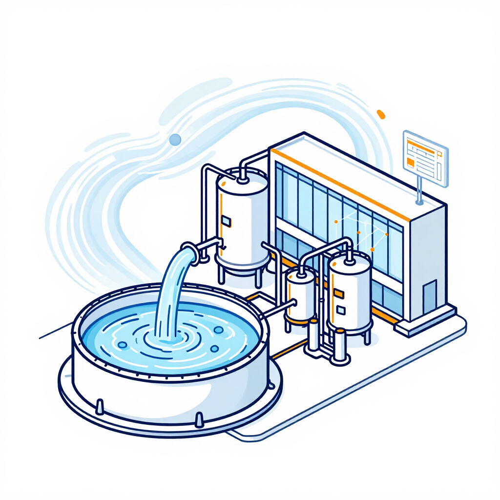 Ilustración de un sistema de tratamiento de agua que bombea agua a un tanque circular situado junto a una unidad de filtración.