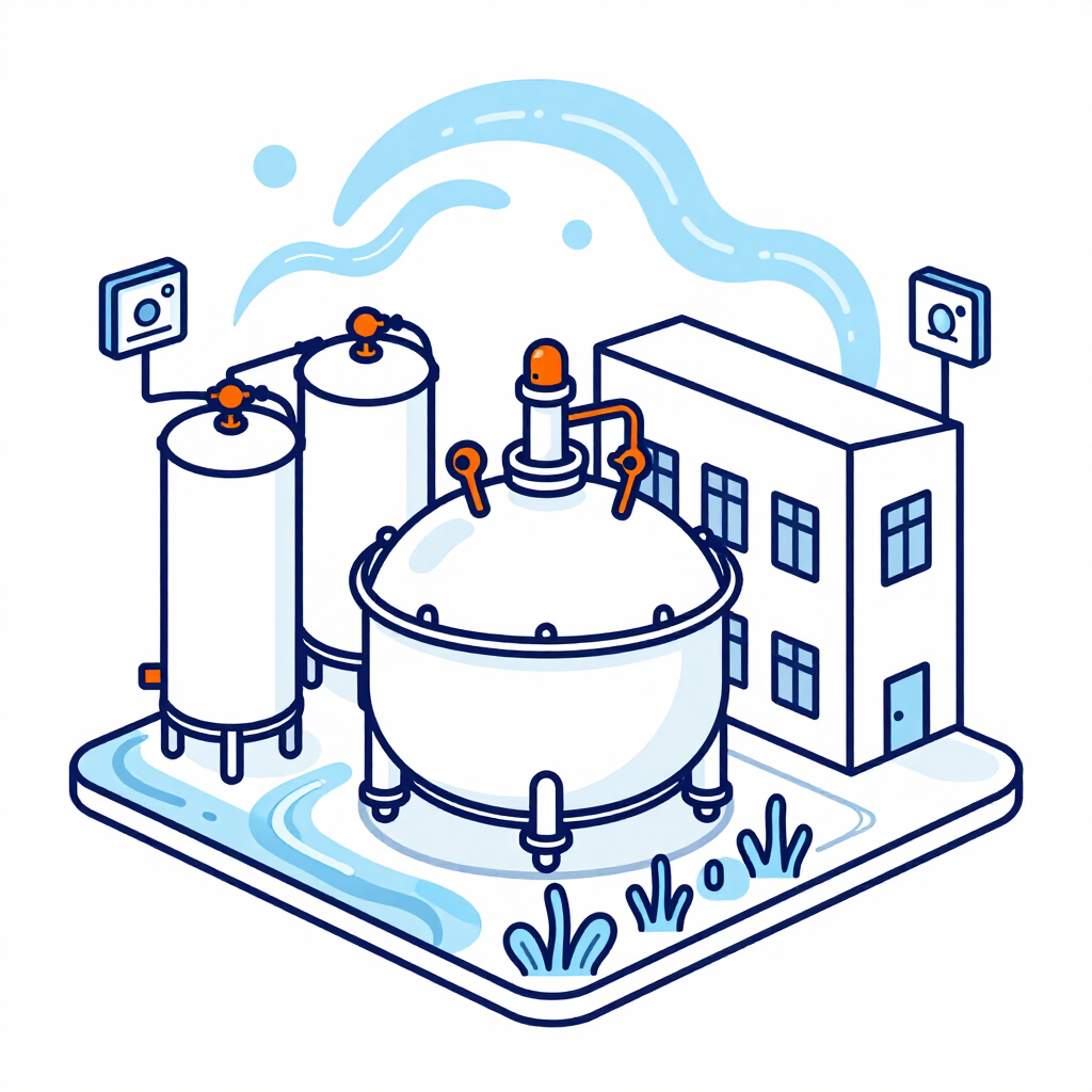 Tanques industriales y un edificio con flujo de agua azul, mostrados en una sencilla ilustración lineal.