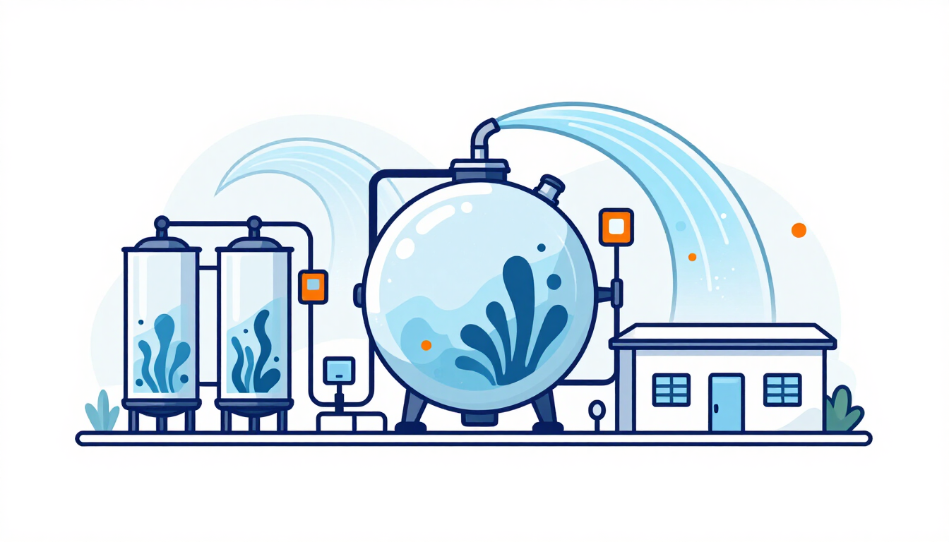 Ilustración en tonos azules de una planta de tratamiento de agua con tanques, tuberías y un sistema de filtración central.