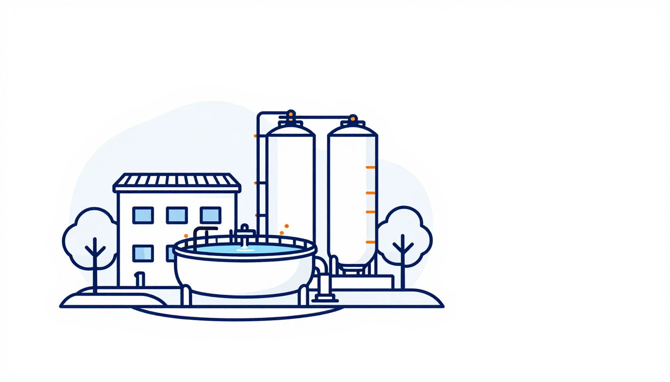 Ilustración de una planta de tratamiento de agua con tanques, un edificio y una cuenca en dibujo lineal azul.