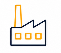 Icono minimalista de fábrica en azul marino y naranja con chimenea y tres ventanas.
