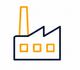 Icono minimalista de fábrica en azul marino y naranja con chimenea y tres ventanas.