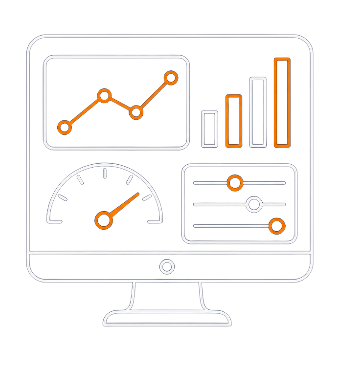 Panel de análisis en un monitor de escritorio con gráficos de líneas, gráficos de barras, indicadores y controles deslizantes.