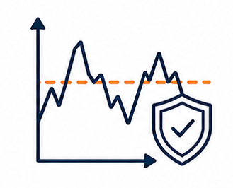 Gráfico de líneas azul oscuro con línea discontinua naranja y un icono de escudo, que sugiere vigilancia de seguridad.