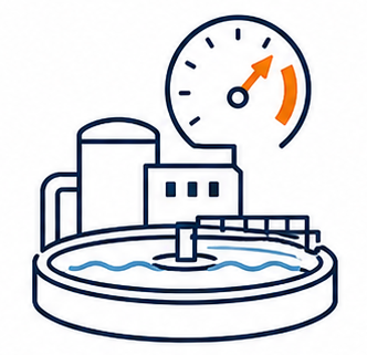 Planta de tratamiento de agua industrial con depósito circular e icono de velocímetro